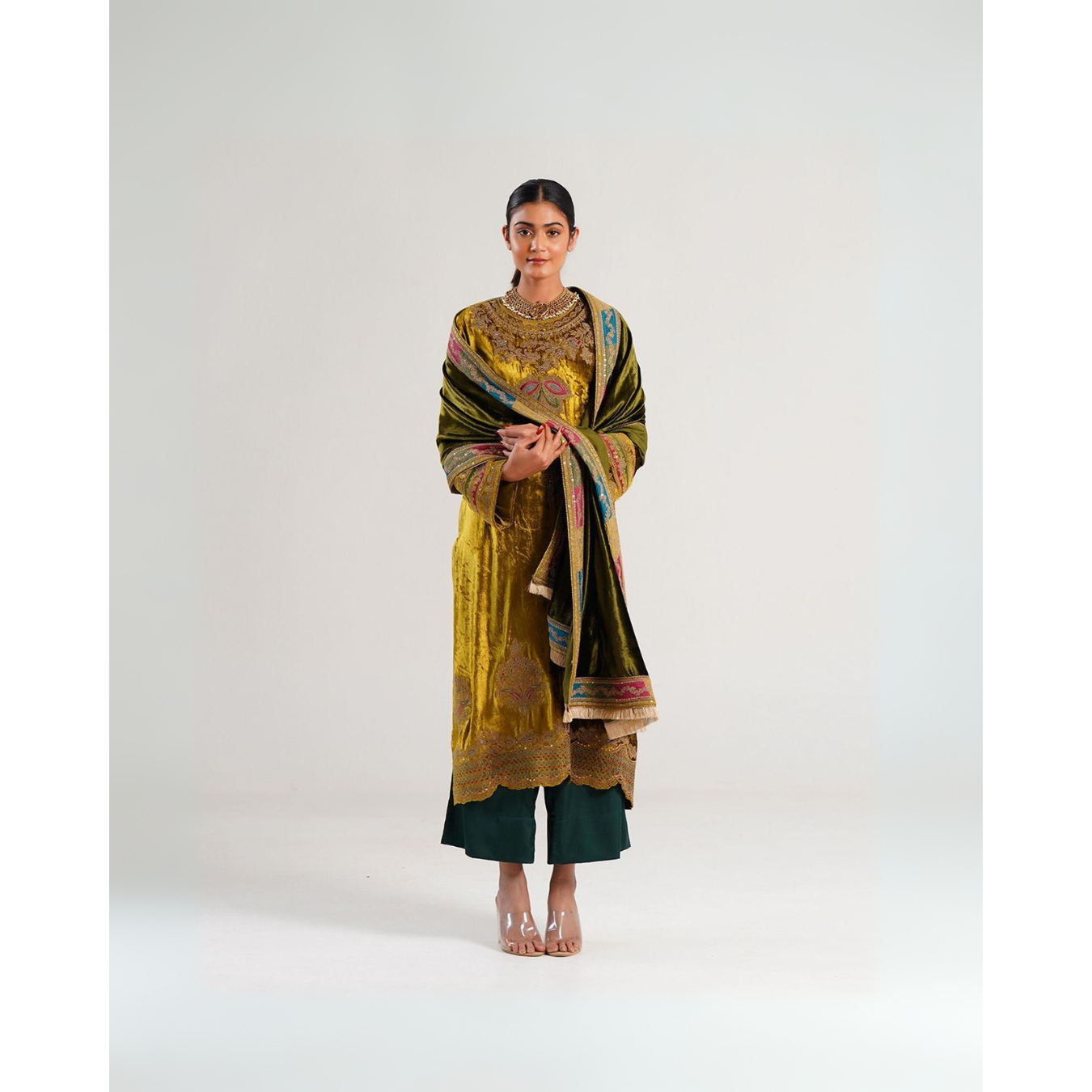 Velvet Suit Olive -Green - Gold