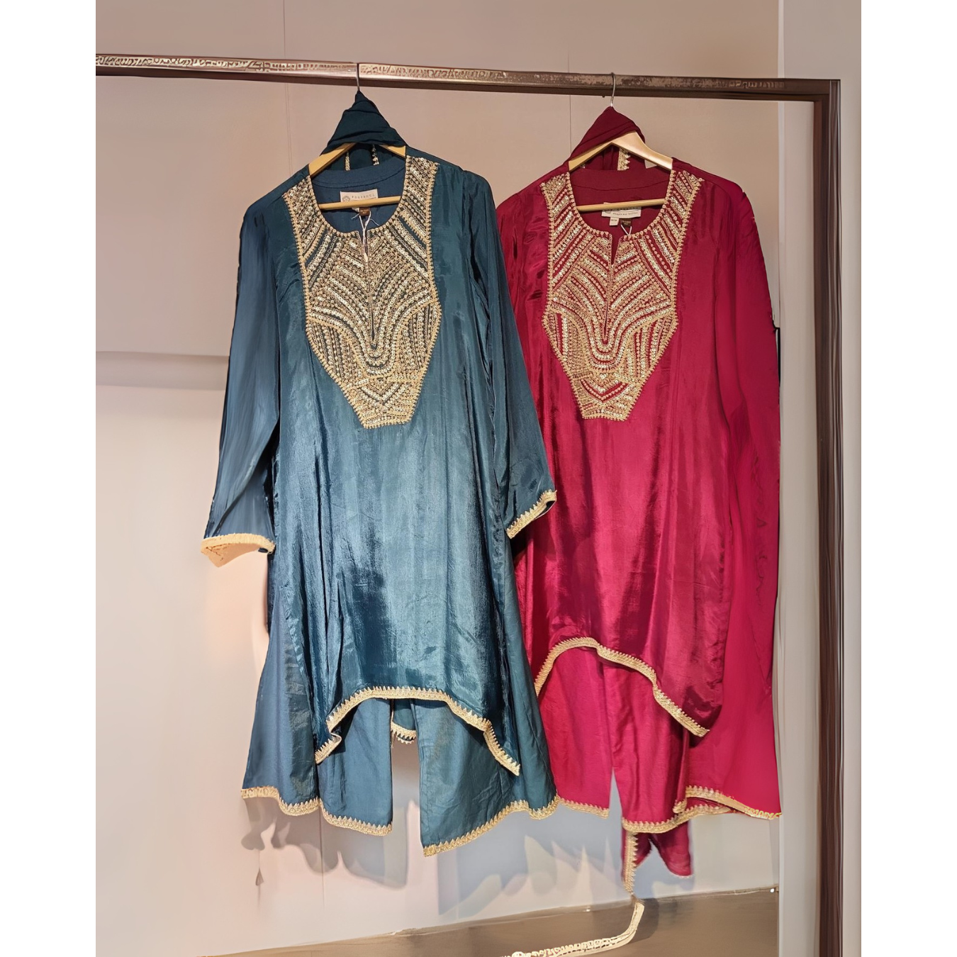 Embroidered Suits in Teal & Red