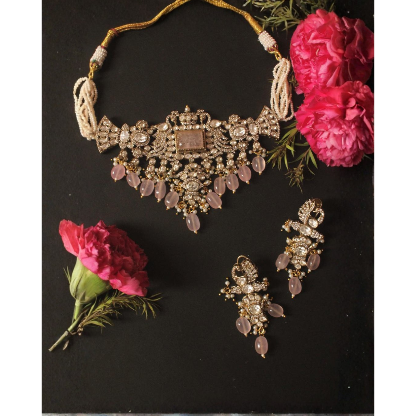 Pink Choker Necklace with Earrings