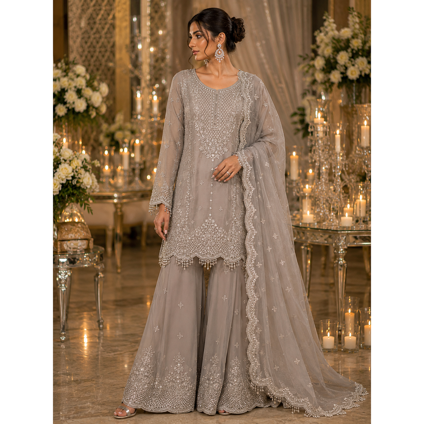 Dove Grey Embroidered Sharara Set