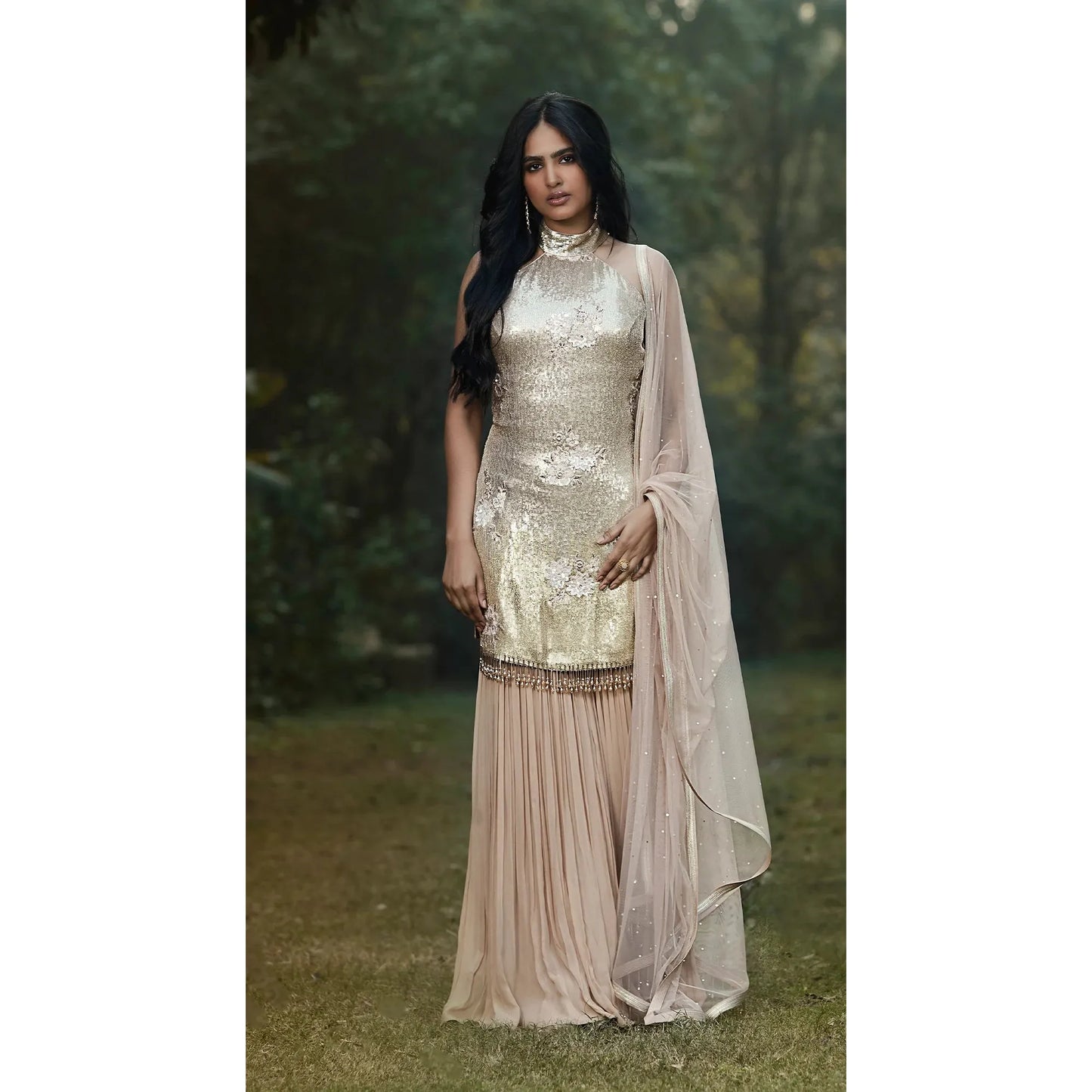 Peach Sequins Sharara Set