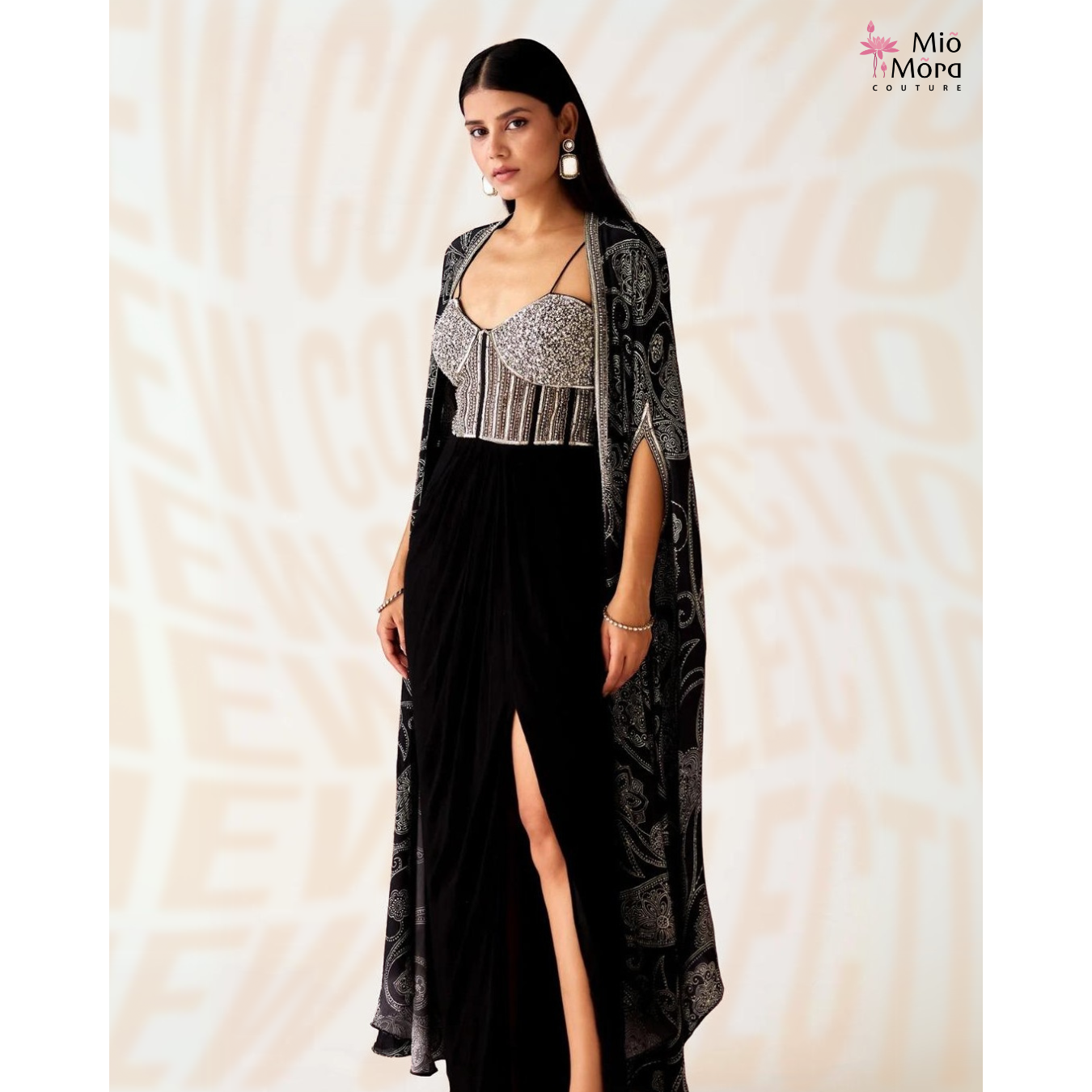 Black and Whitie Embroidered Cape Set with Slit Skirt
