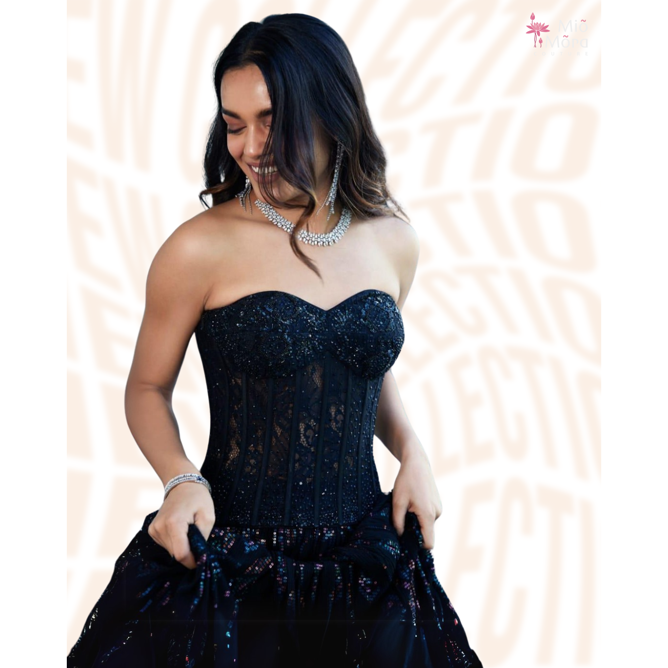 Black Corset Top Chantilly Lace Lehnga Set