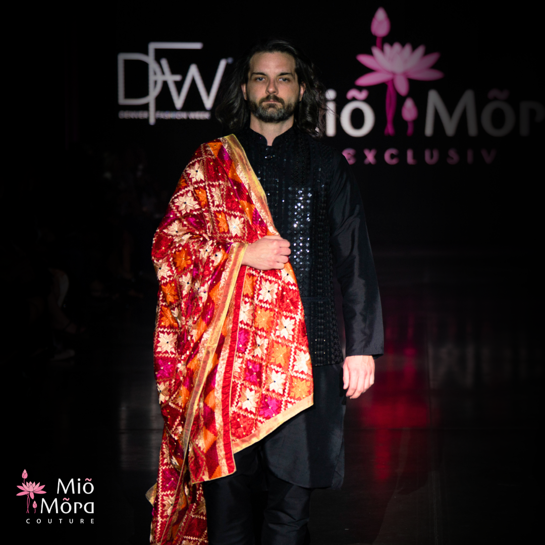 Black Kurta Set with Mirror Work and Red Odhni