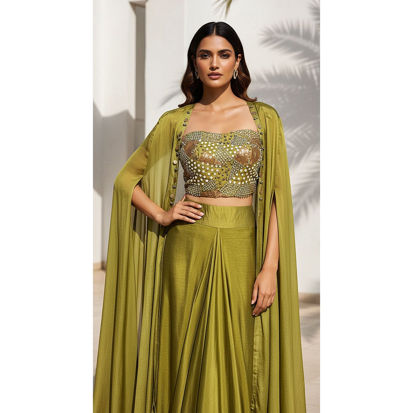 GREEN CHINON EMBROIDERED CAPE SET