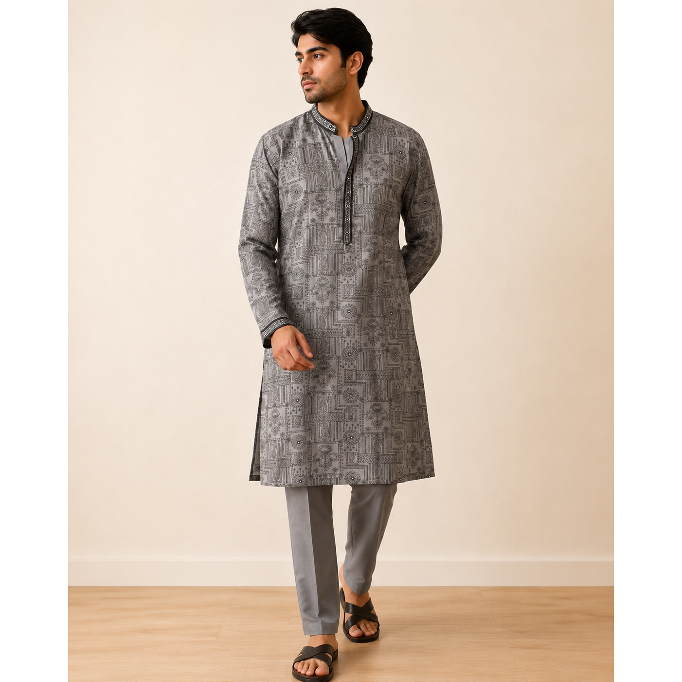 Mens Gray Kurta Set with Embroidery
