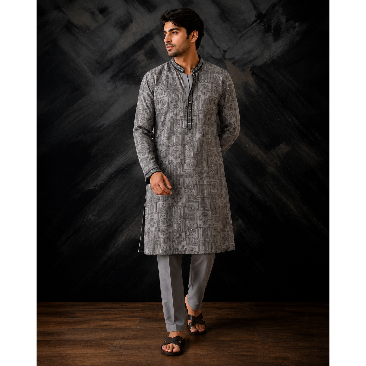 Mens Gray Kurta Set with Embroidery