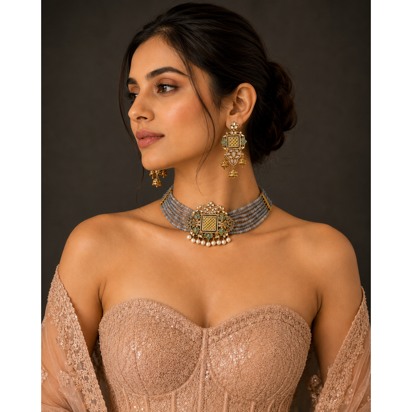 Heritage Grey Beaded Choker & Statement Earrings Set