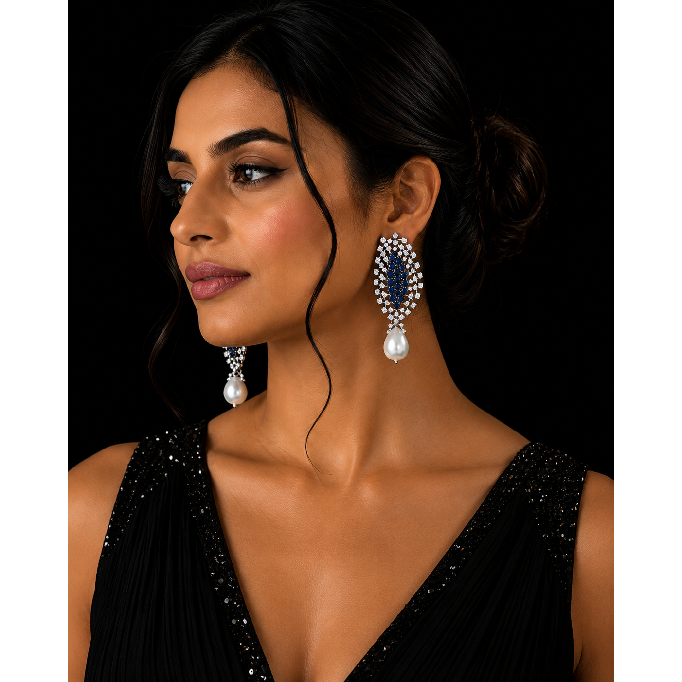 Sapphire Pearl Leaf Drop Statement Earrings