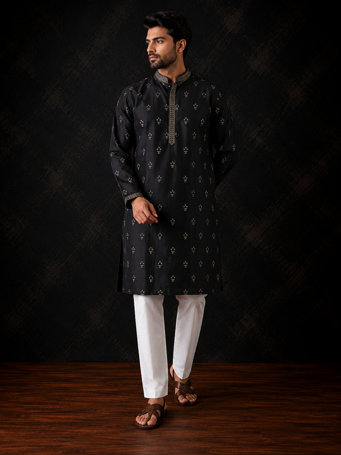 Midnight Black Embroidered Men's Kurta Set