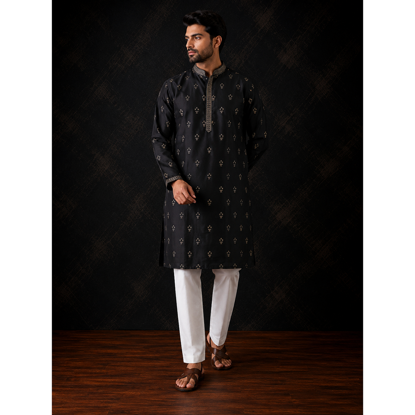 Midnight Black Embroidered Men's Kurta Set