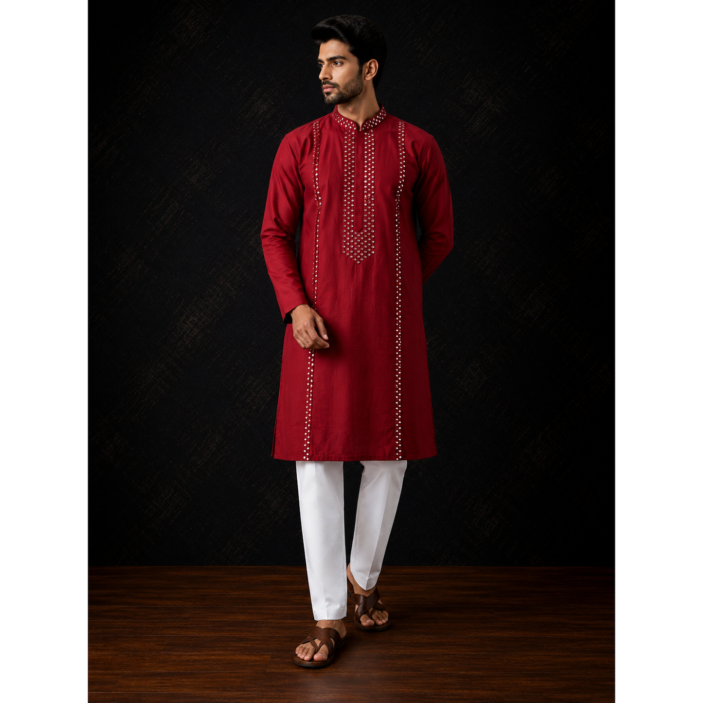 Ruby Red Mirror Work Men's Kurta Set