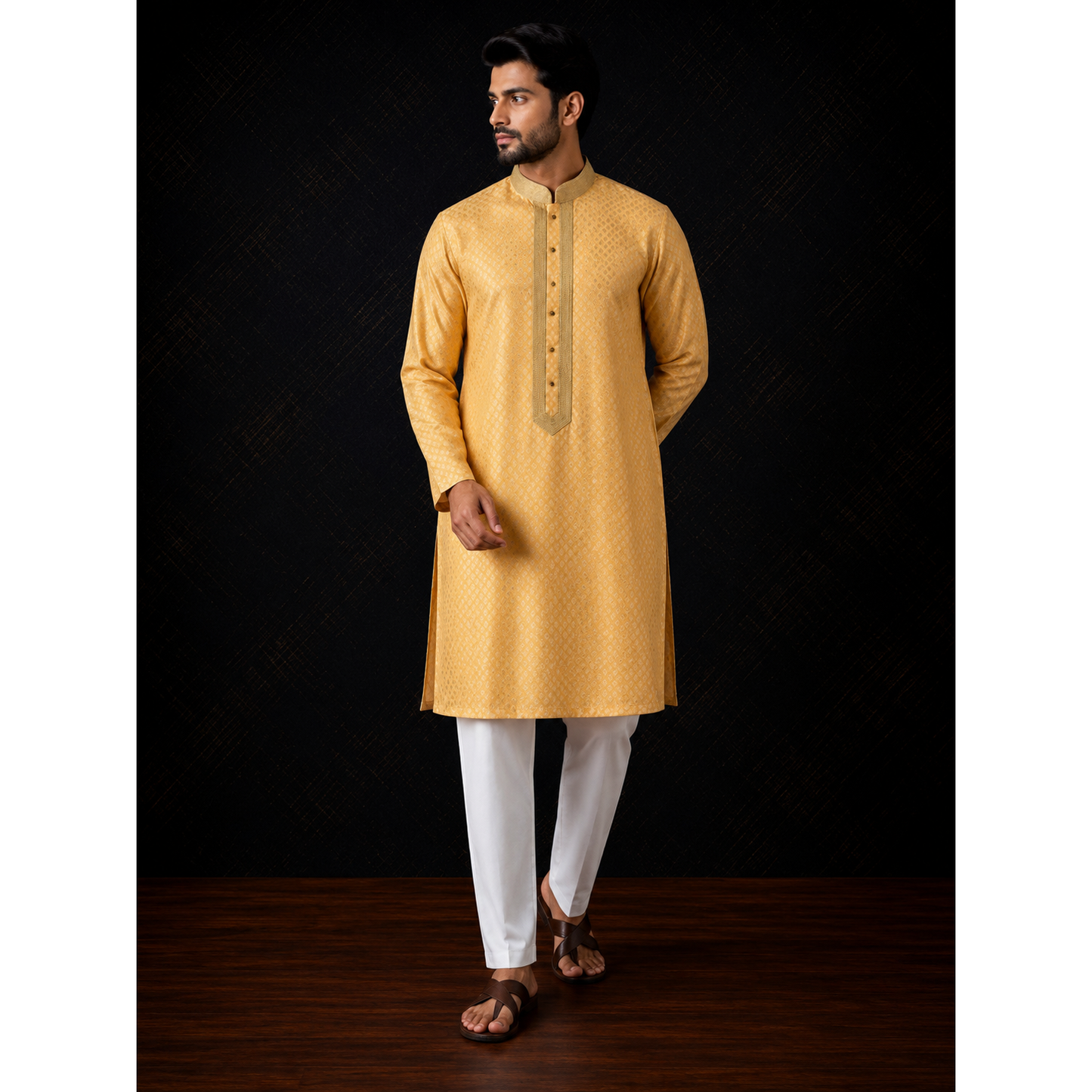 Golden Yellow Brocade Men's Kurta Set
