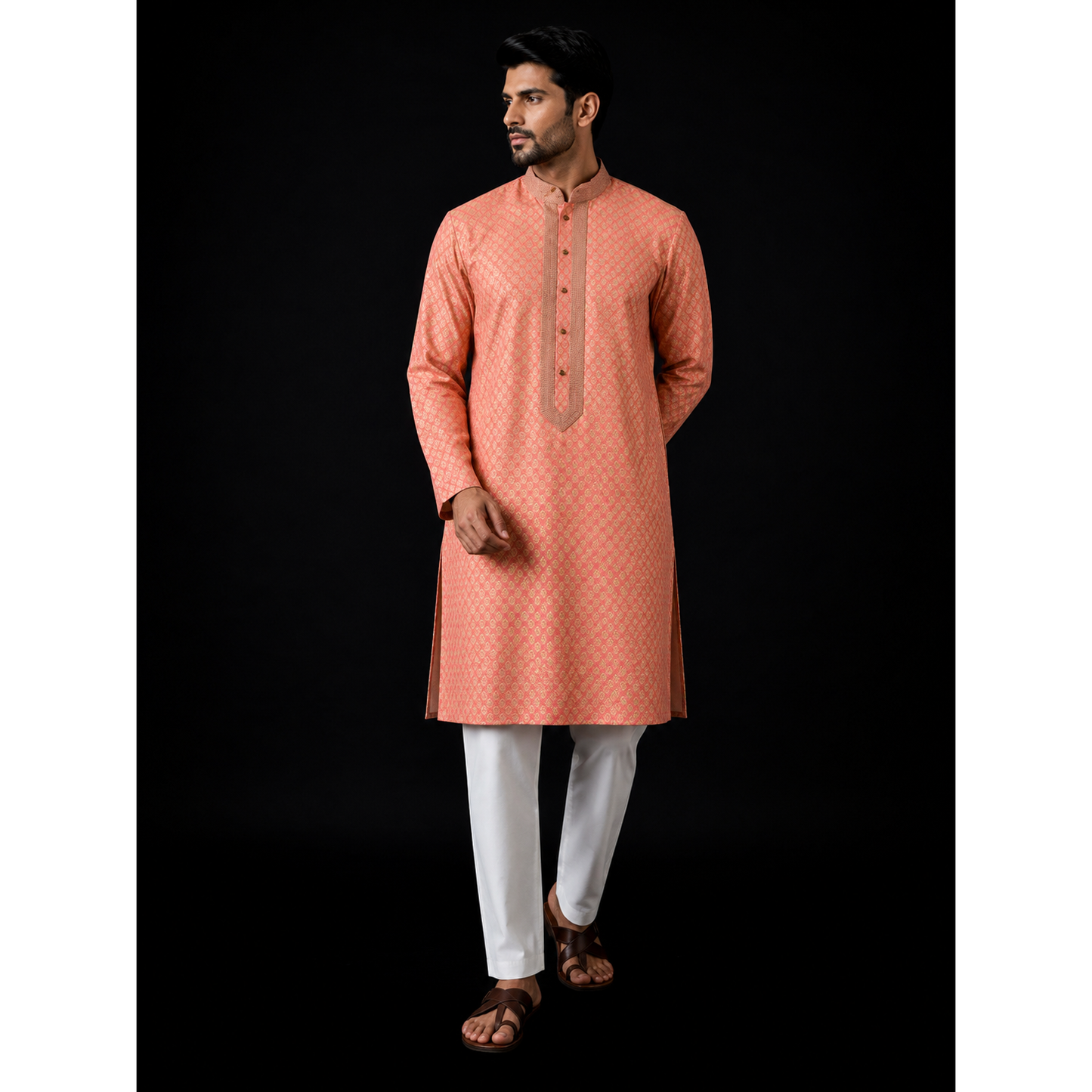 Peach Brocade Men's Kurta Set