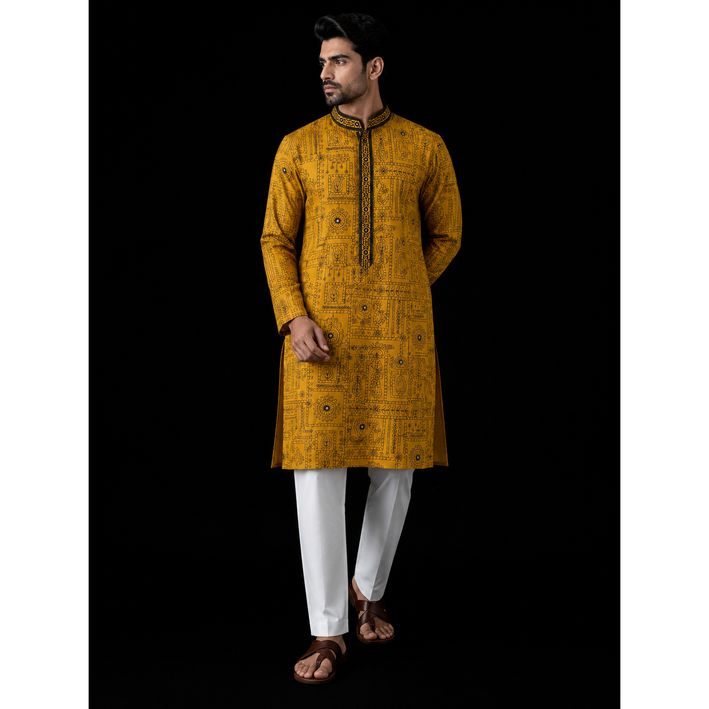 Mustard Heritage Print Men's Kurta Set