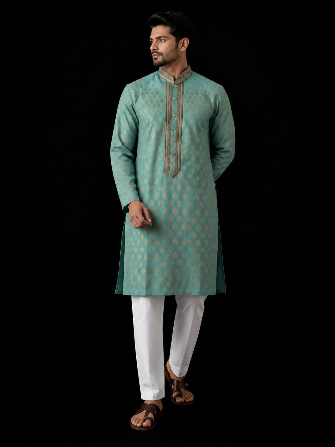 Aqua Blue & Gold Embroidered Men's Kurta Set