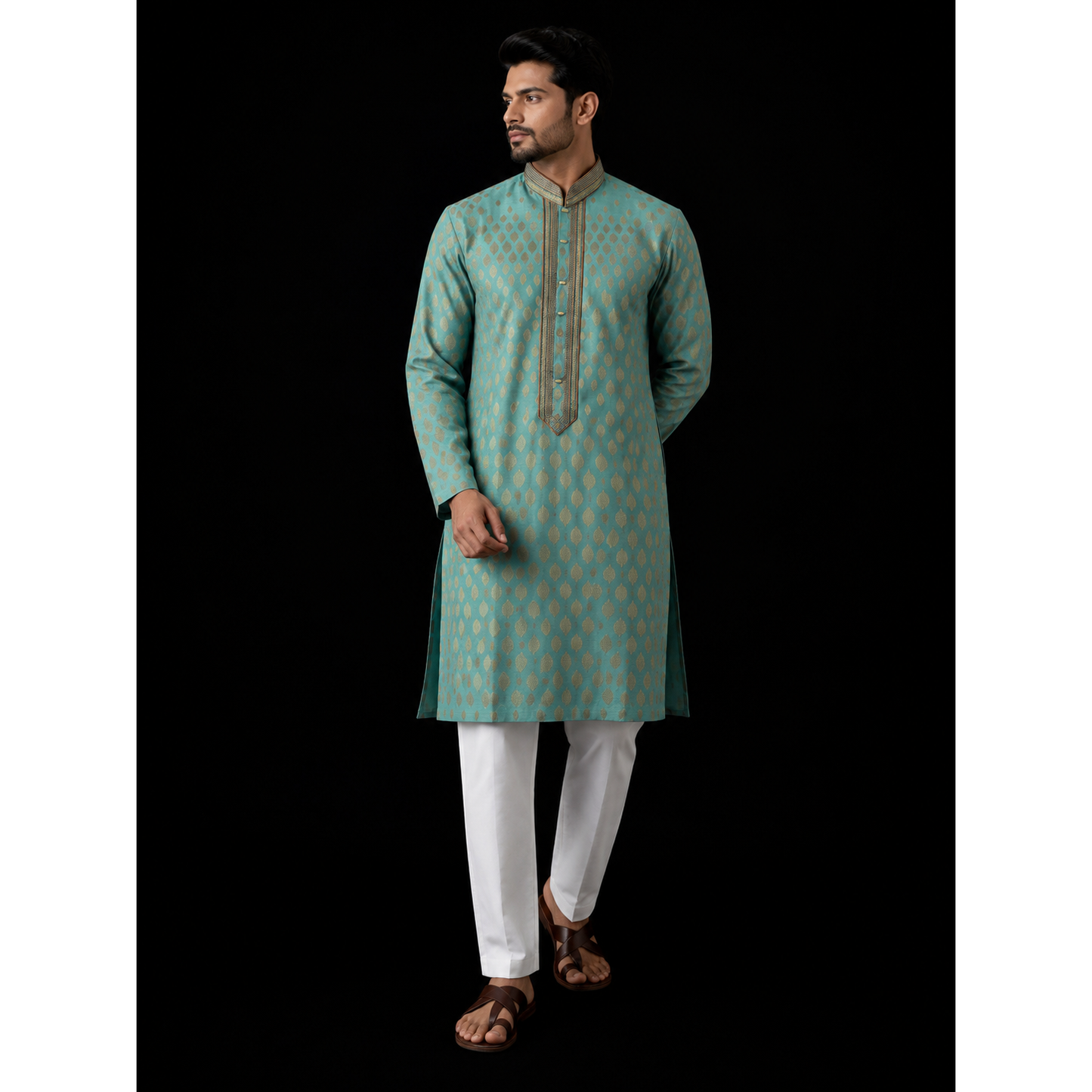 Aqua Blue & Gold Embroidered Men's Kurta Set