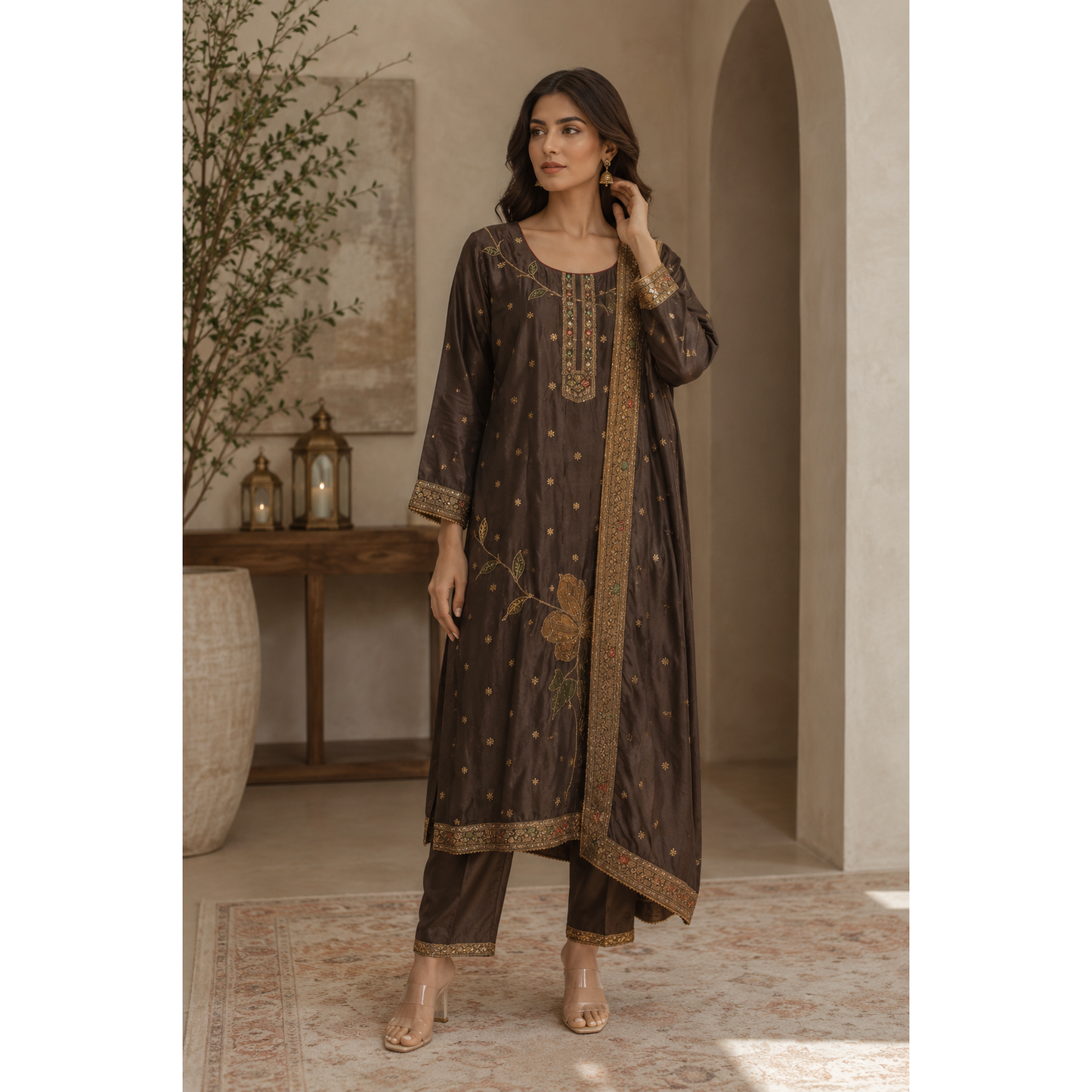 Grey Banarsi Silk suit with Yellow Aplique Flowers