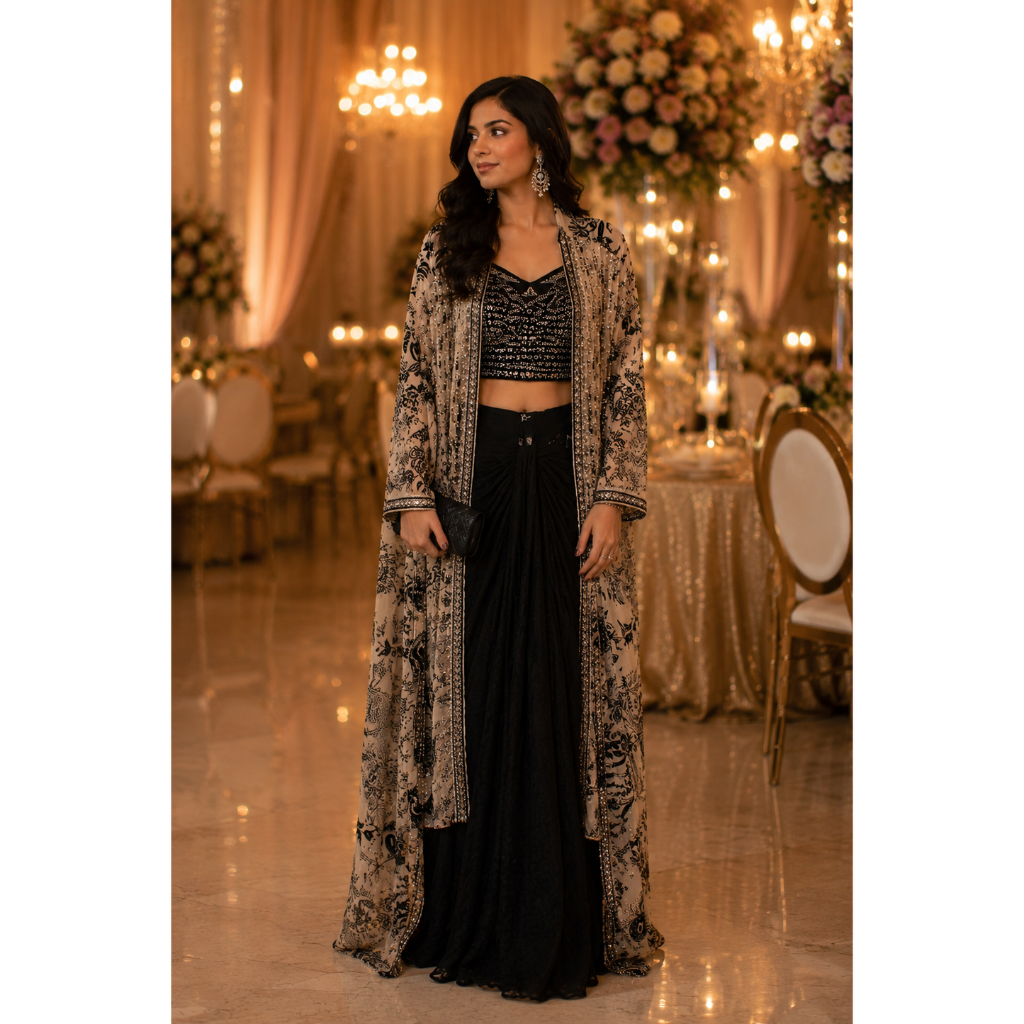 Midnight Noir Embellished Three-Piece Indo-Western Skirt Set