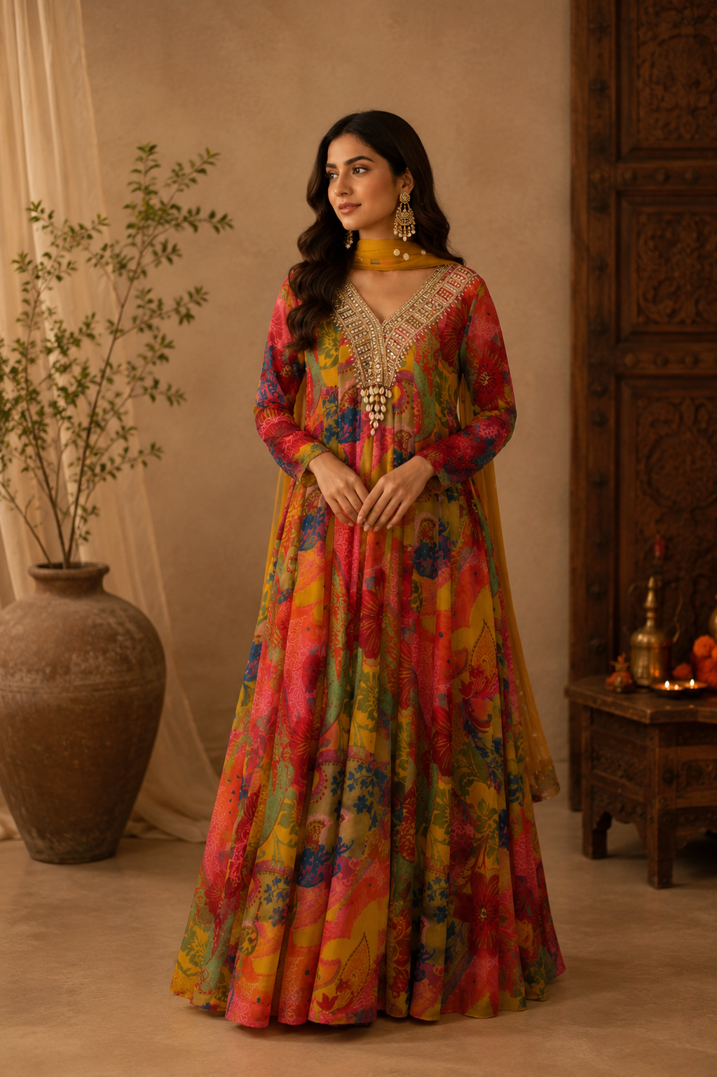 Long Yellow and Purple Crepe Anarkali