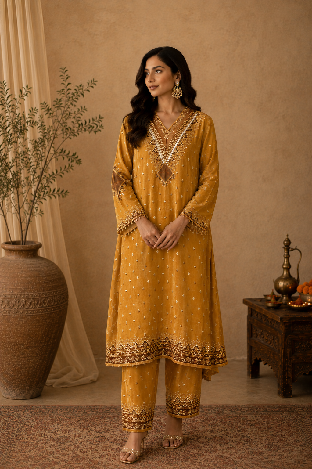 Yellow and brown Kaftan Suit