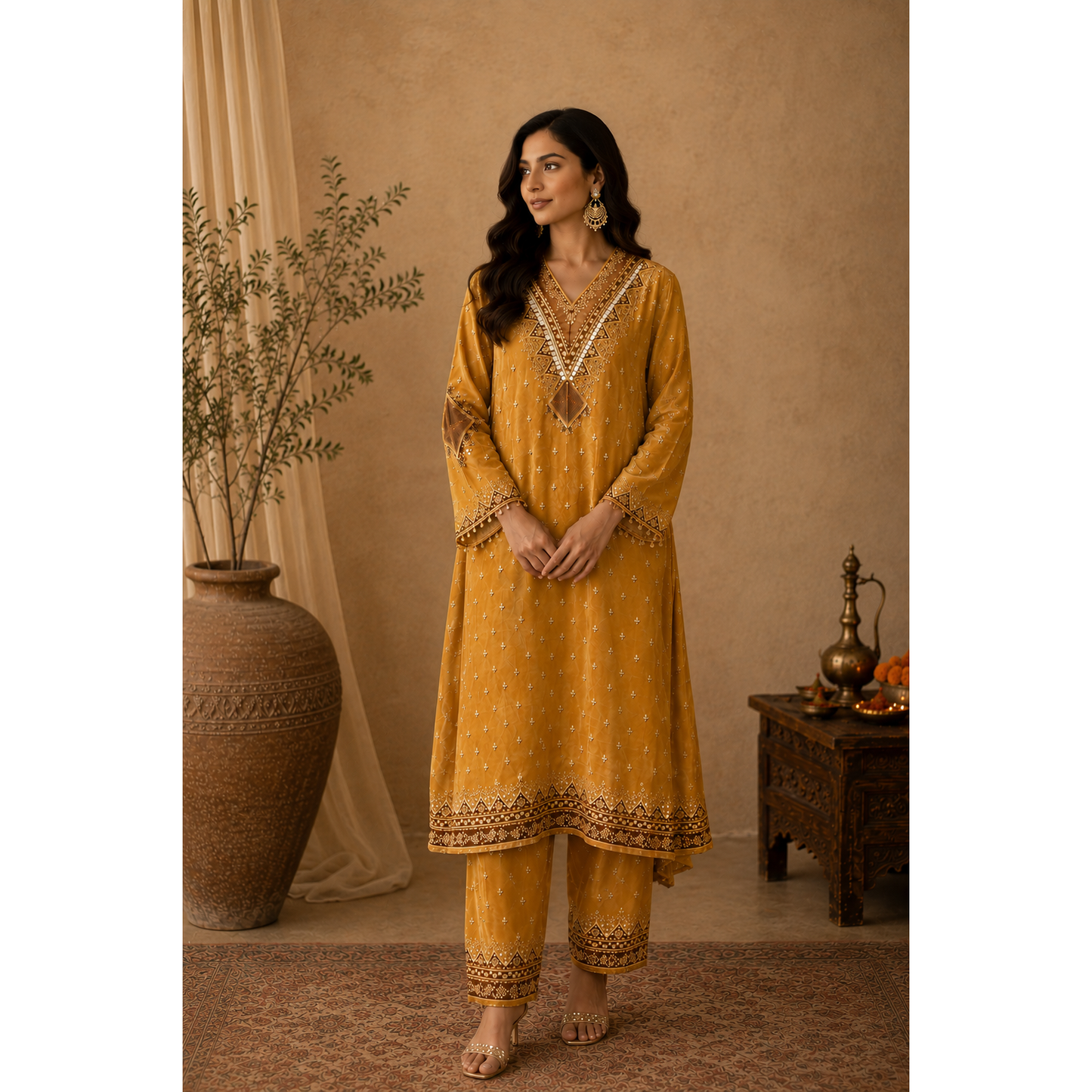 Yellow and brown Kaftan Suit