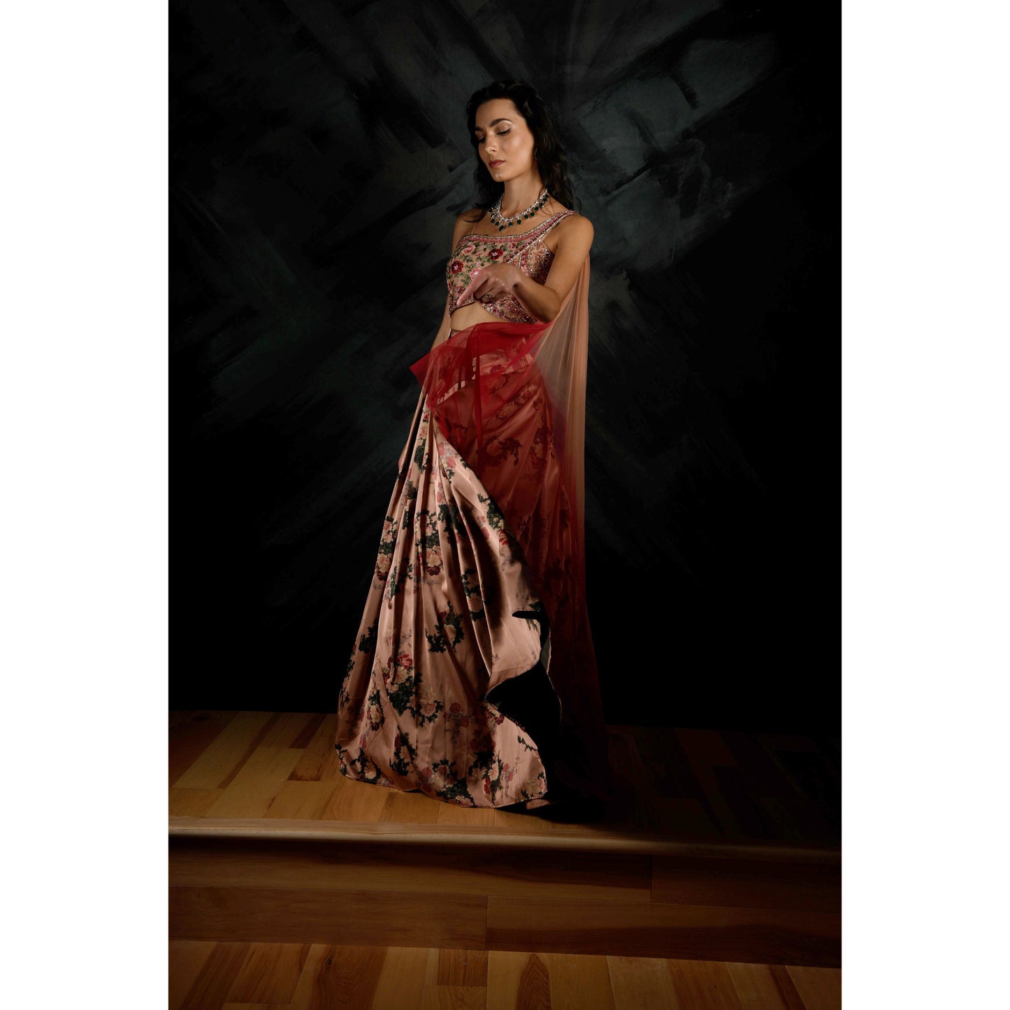 Earthy Tones Flower Lehenga with Fully Embroidered Blouse