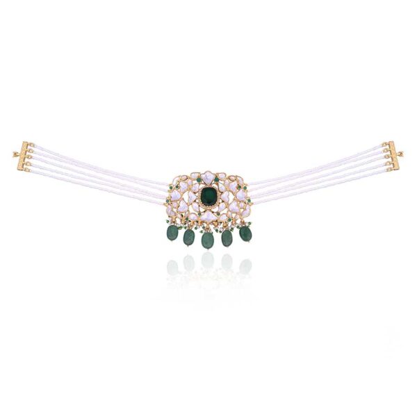 Gold Finish Kundan Polki Choker Necklace in Pure Silver