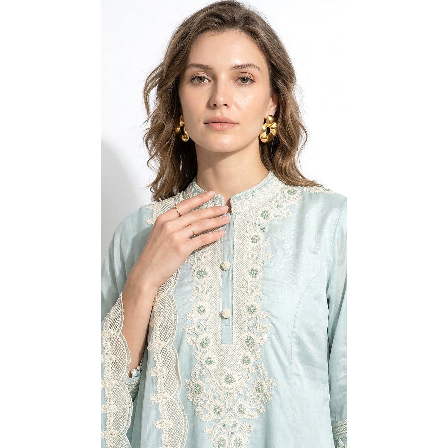 Aqua Cotton Suit with White Embroidery