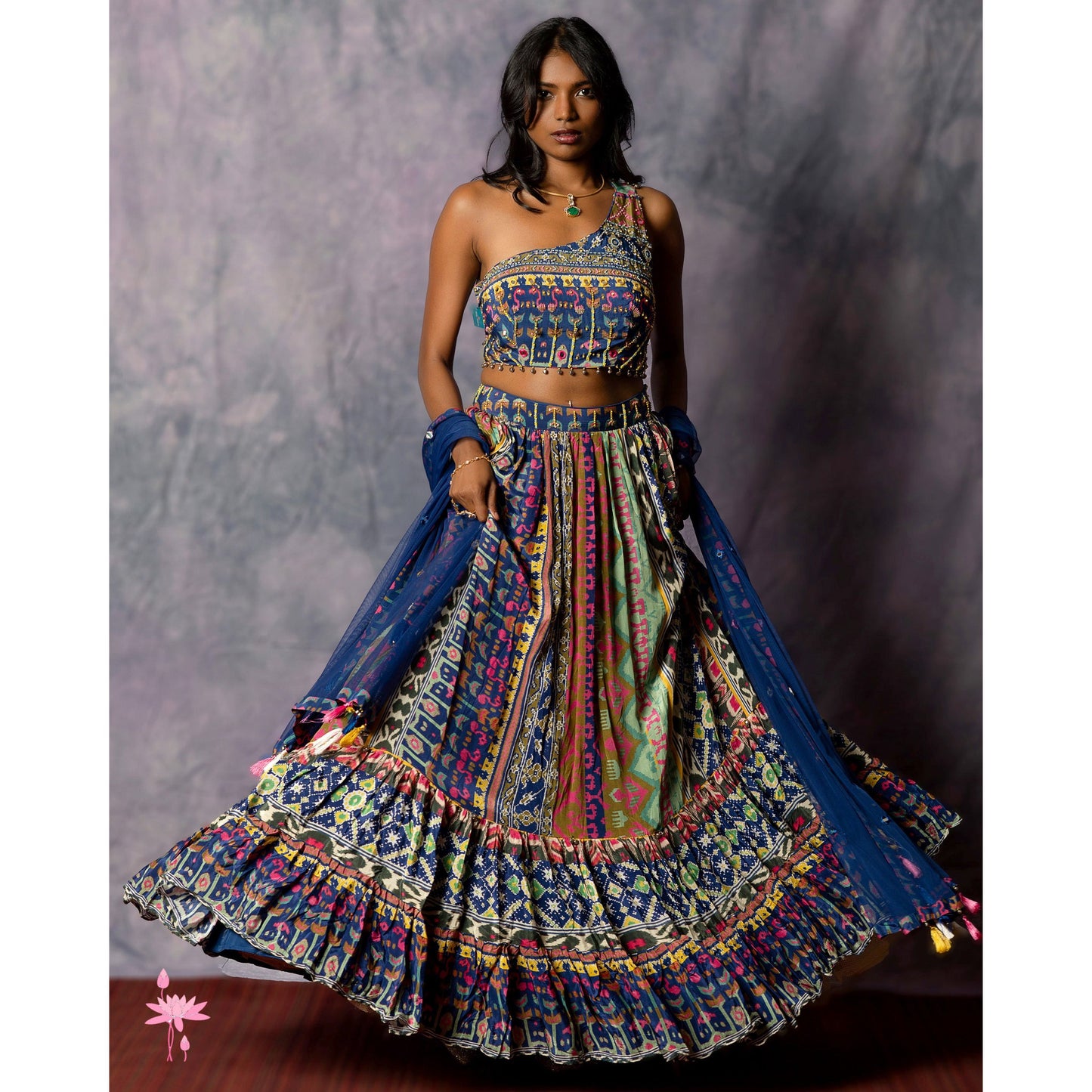 Blue Printed Off Shoulder Blouse Lehnga