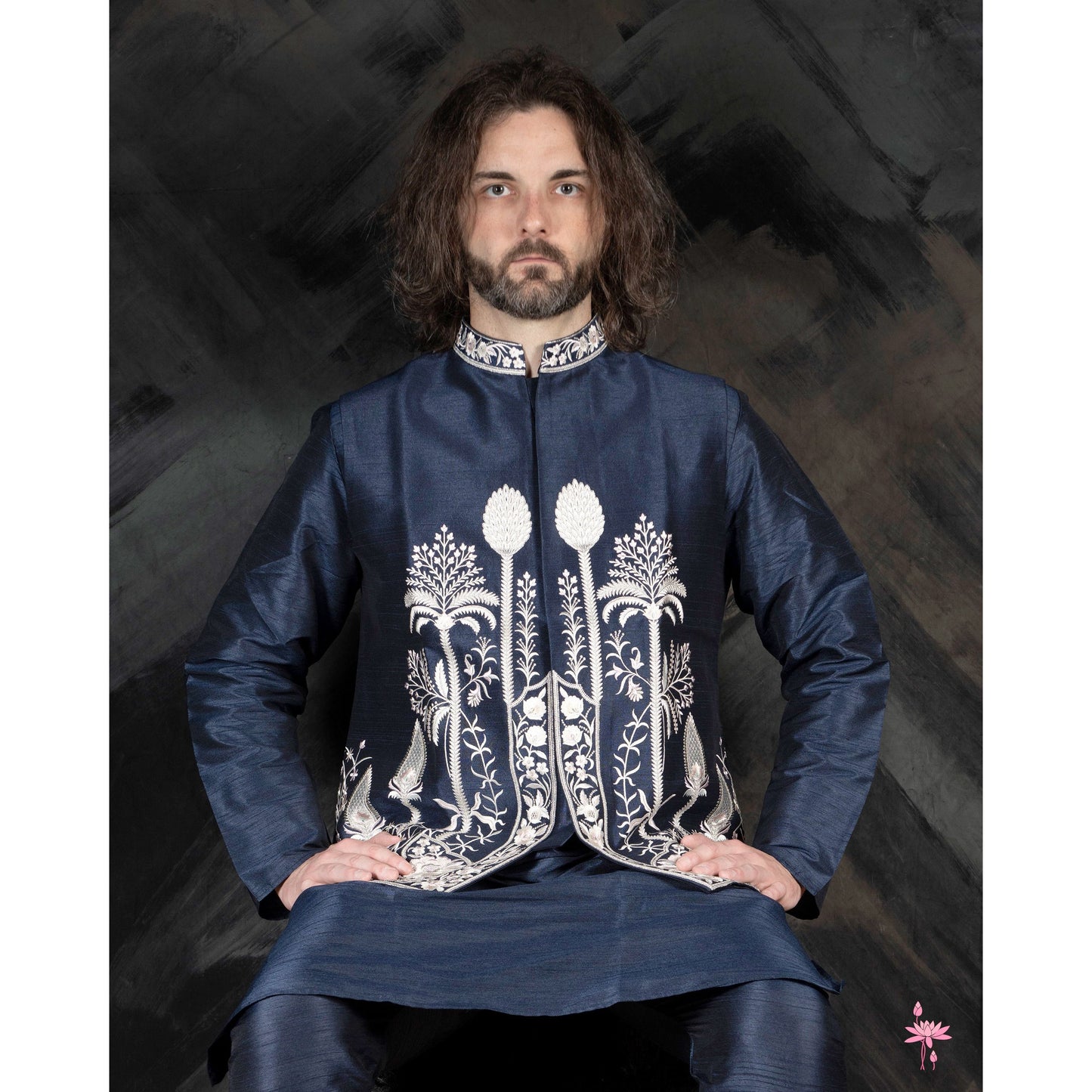 Dark Blue Embroidered Kurta Set with Heavy Embroidered Nehru Jacket