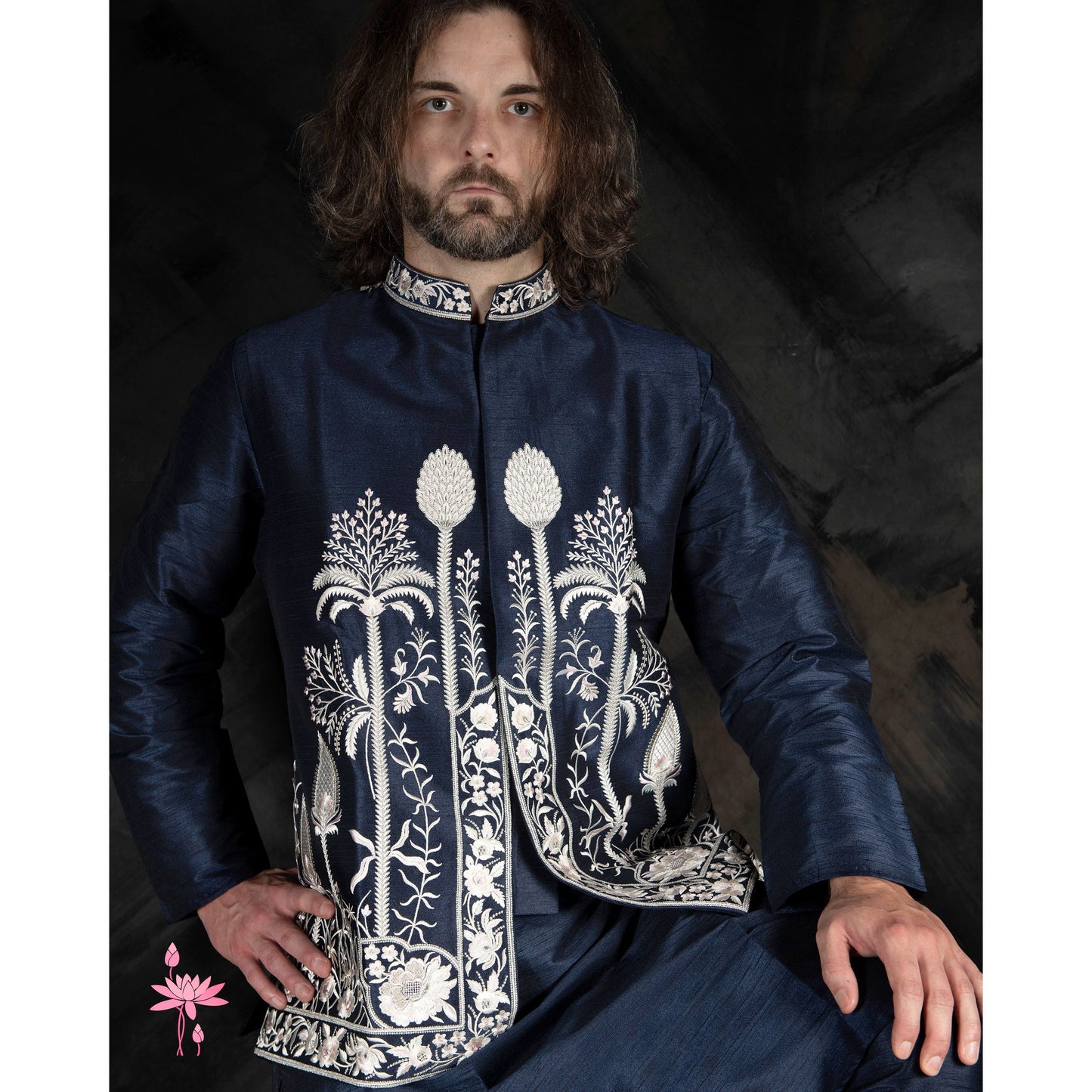 Dark Blue Embroidered Kurta Set with Heavy Embroidered Nehru Jacket