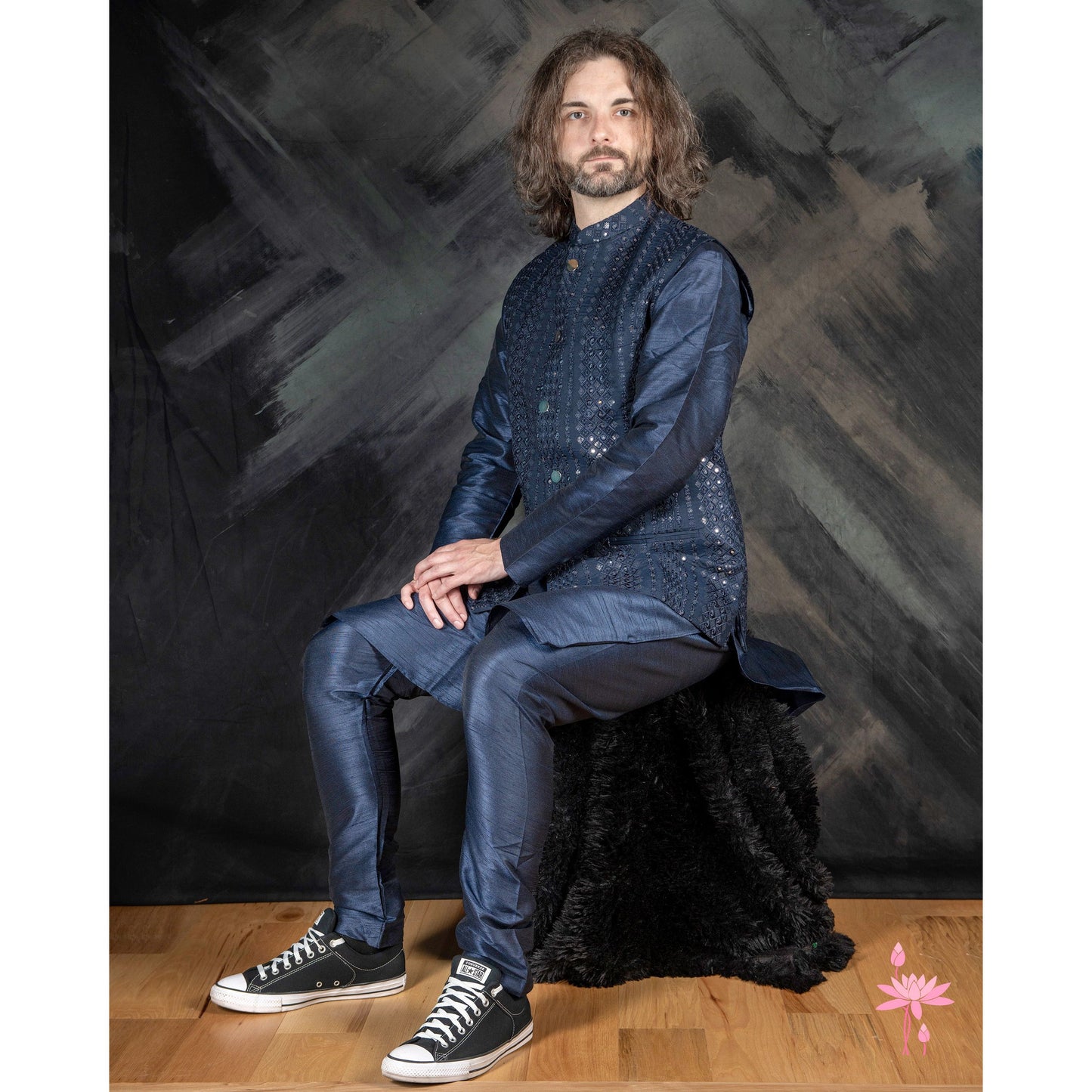 Blue Men’s Kurta with Nehru Jacket & Mirror Work