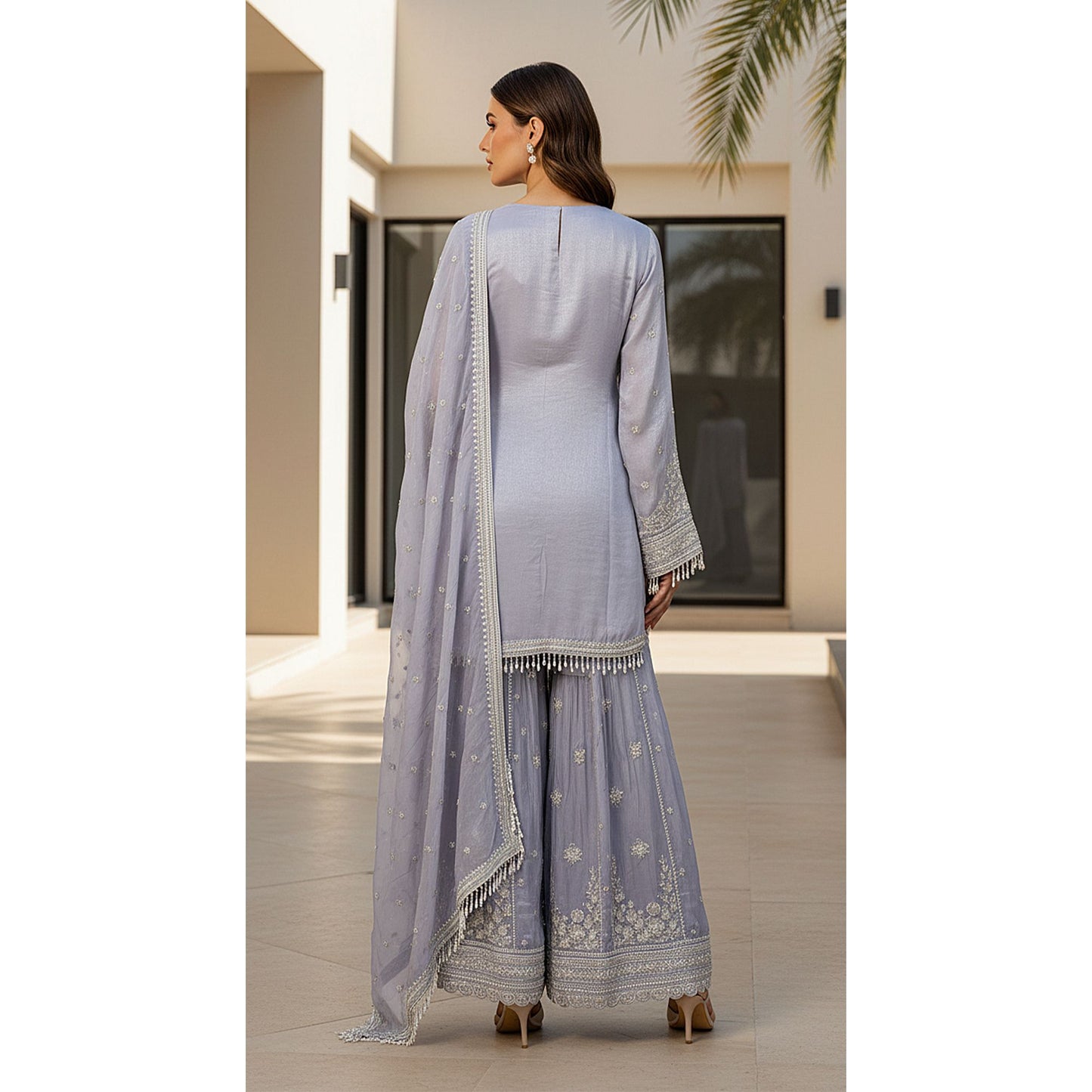 LILAC TISSUE EMBROIDERED SHARARA SET
