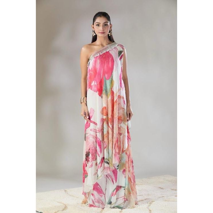 Multi Color Georgette Printed Abstract Floral Tunic One Shoulder