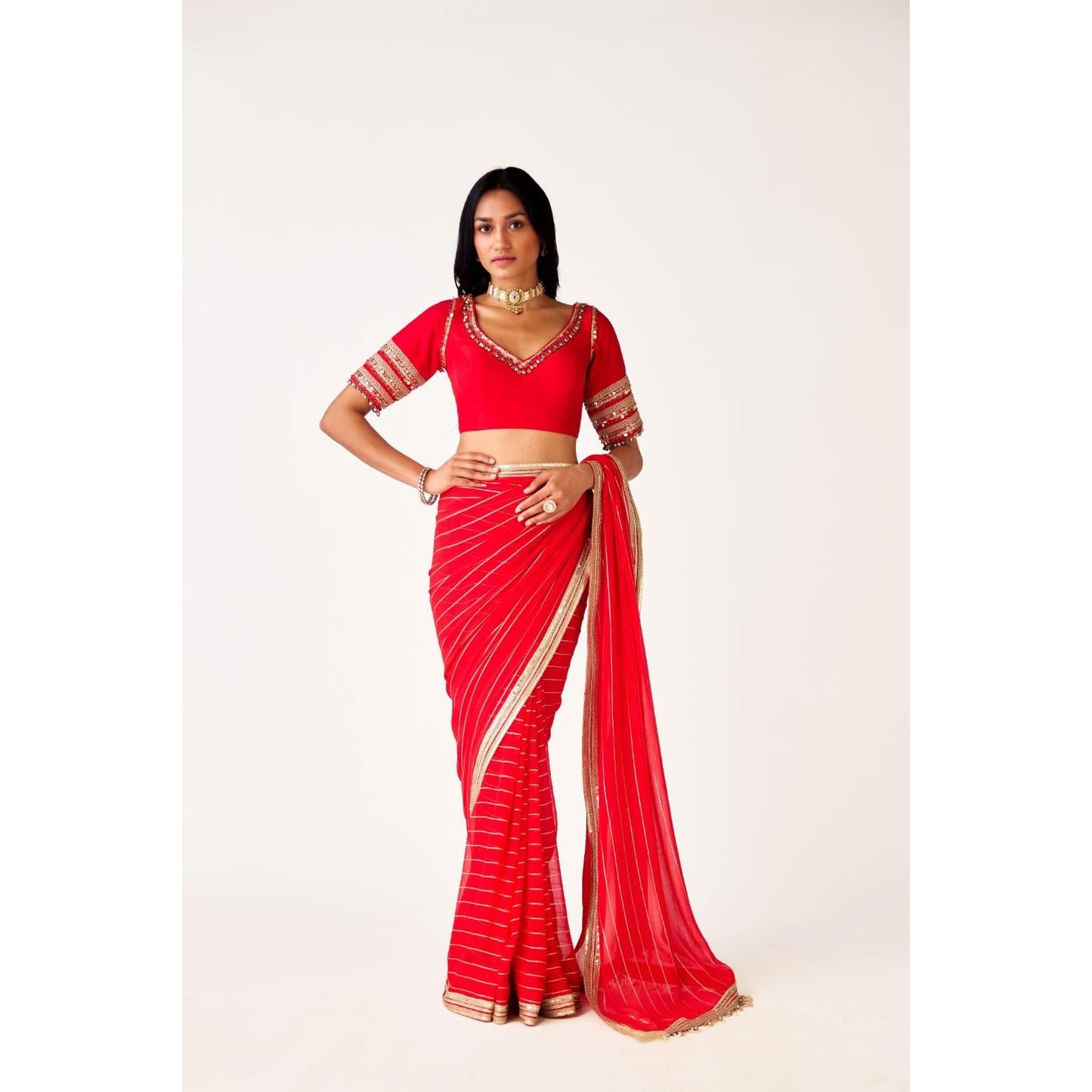 Red Georgette Embroidered Saree with Cutdana & Lace Work - Elegant Festive Saree
