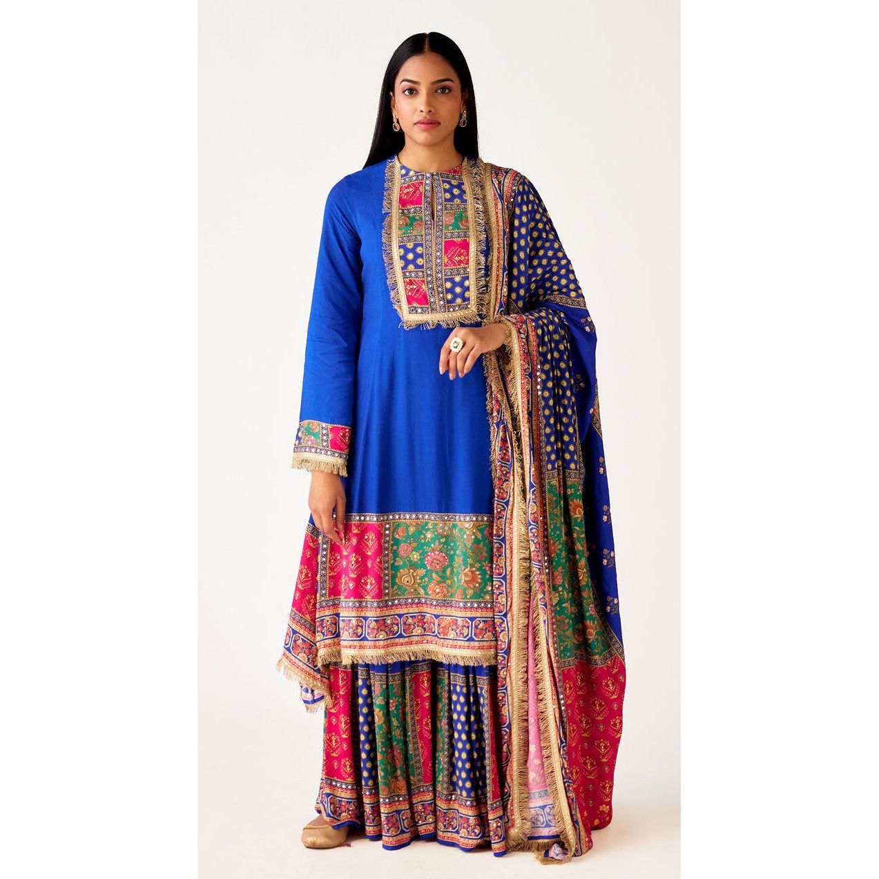 Blue Muslin Colorful Suit with Duppatta
