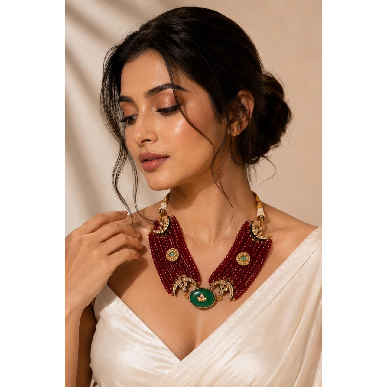 Maroon Beaded Necklace Set with Green Accent