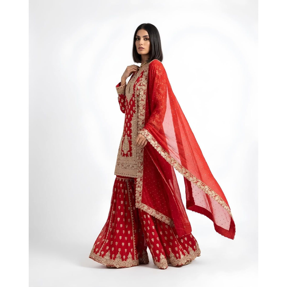 RedEmbroidered Sharara Suit