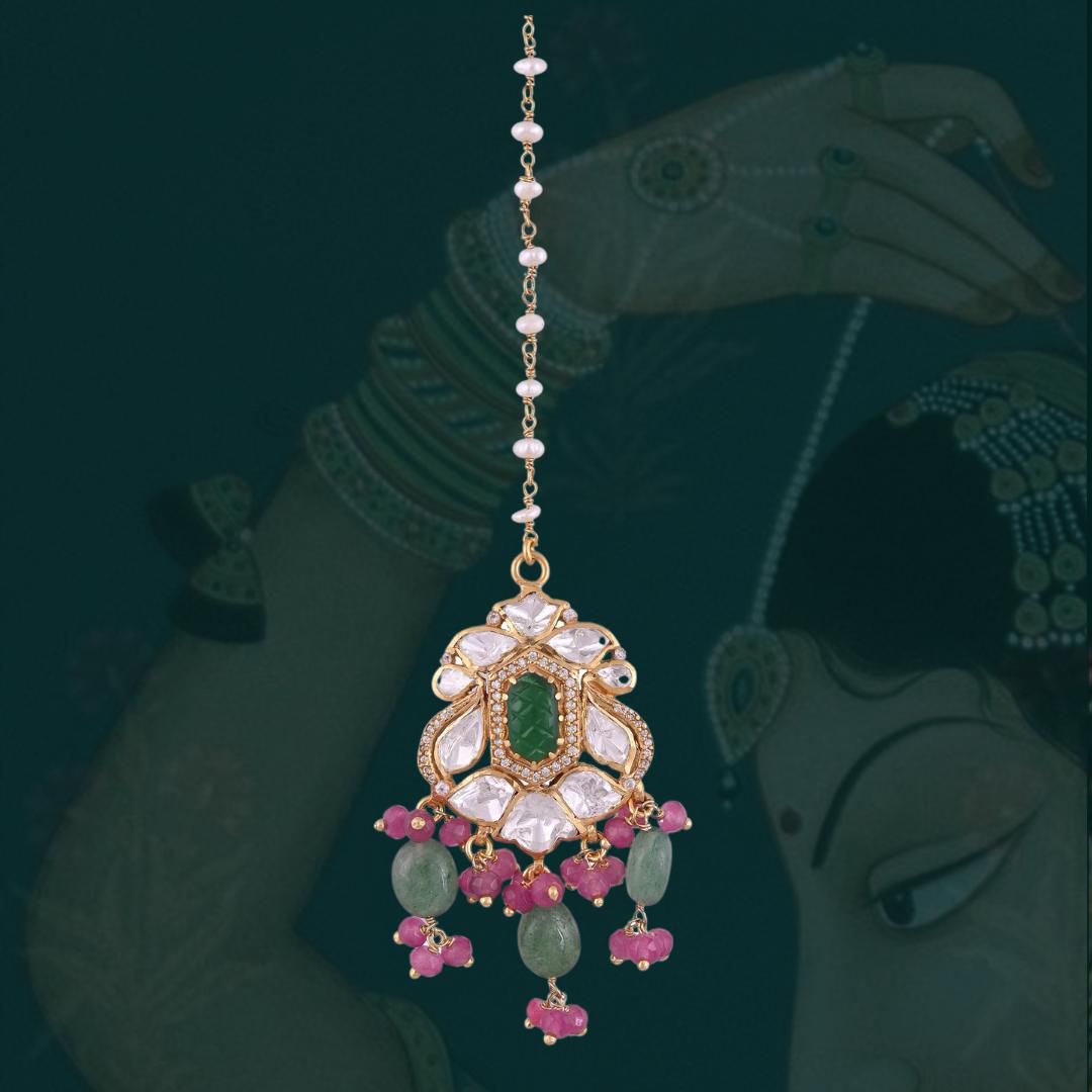 Kundan Maang Tikka with Pink and Green Bead Accents