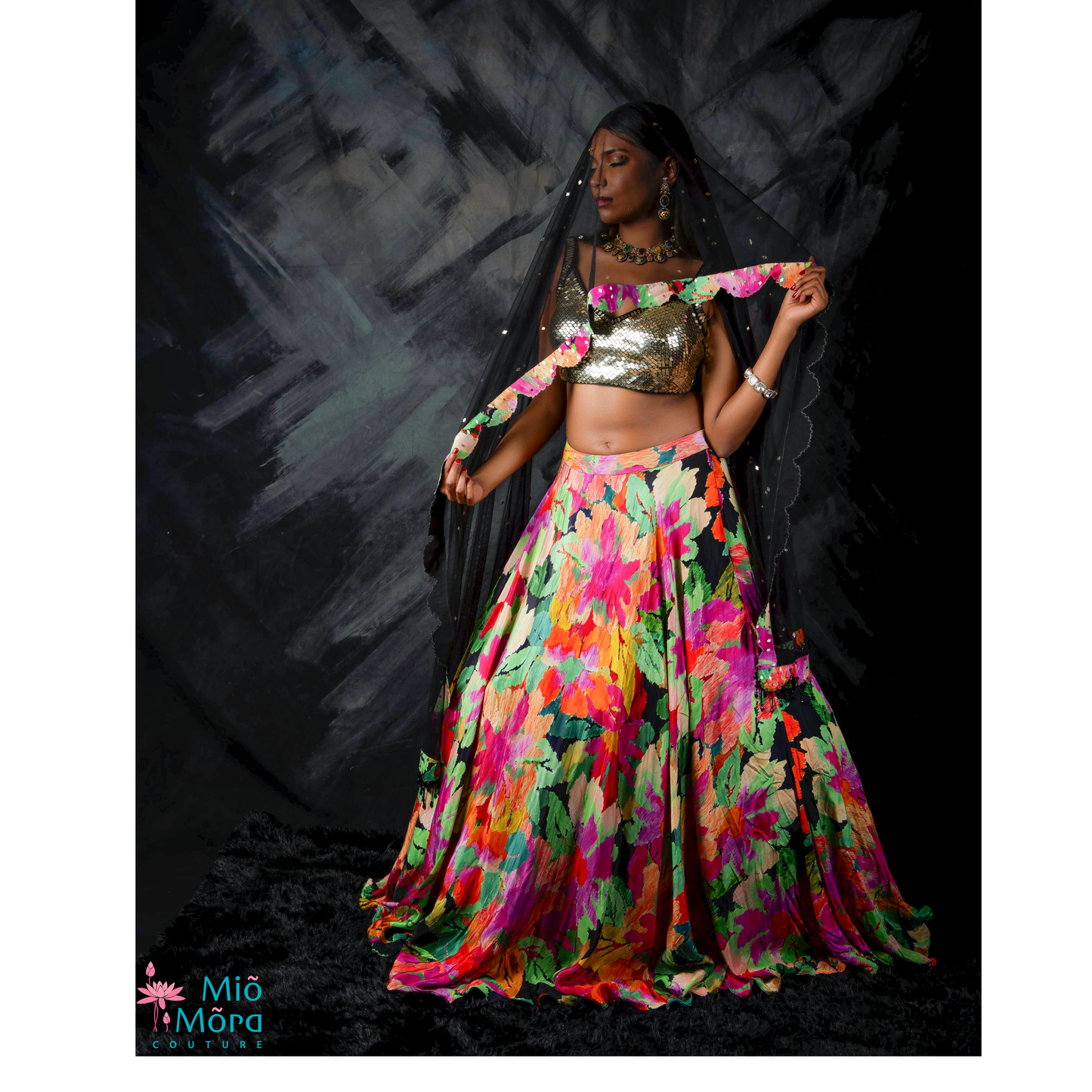 Stunning Black Lehenga Choli with Golden Blouse for Festive Elegance