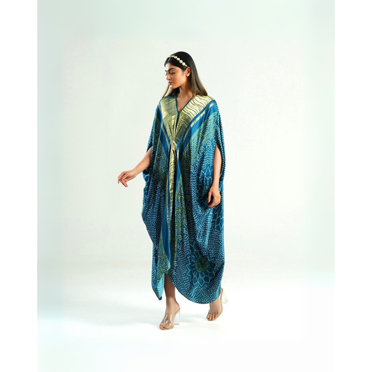 Peacock Blue Bandhini Kaftan