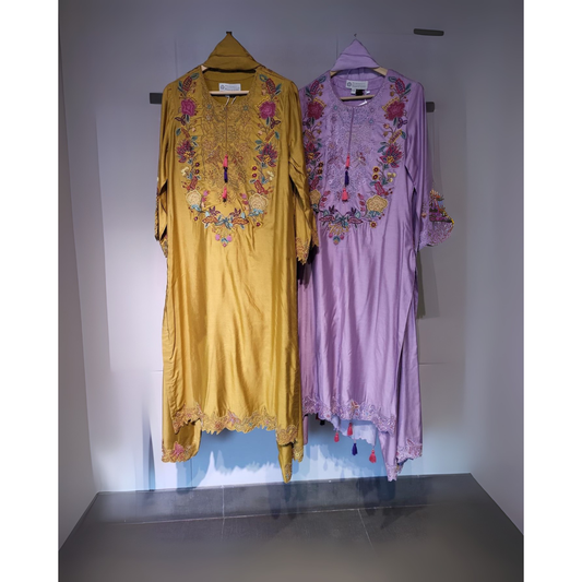 Embroidered Suits in Yellow and Lavender Colors
