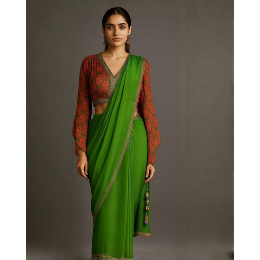 Mehndi Green Georgette Saree with a Crepe Blouse