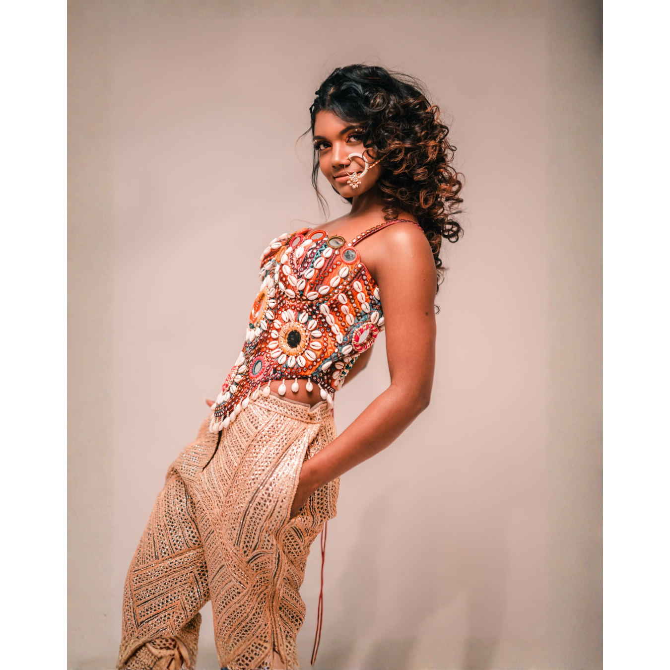 Boho Style Corset Blouse and Gold Pants