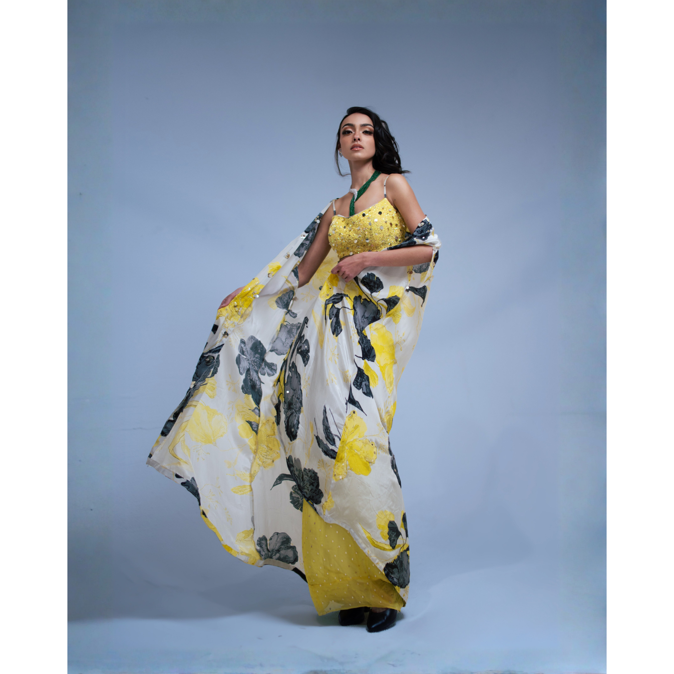Yellow Floral Cape Set