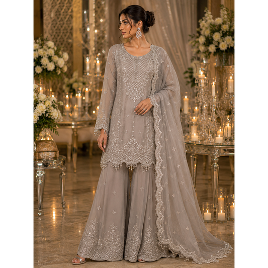 Dove Grey Embroidered Sharara Set