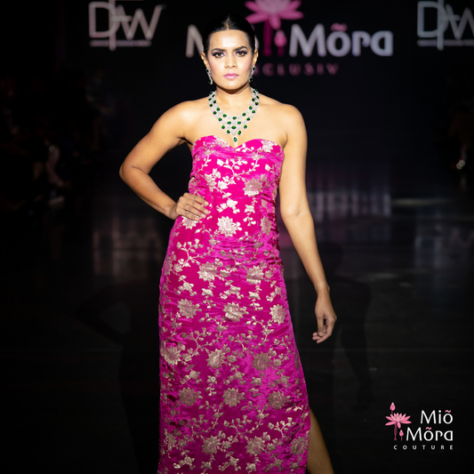 Indo-Western Brocade Cocktail Dress in Fuchsia Pink