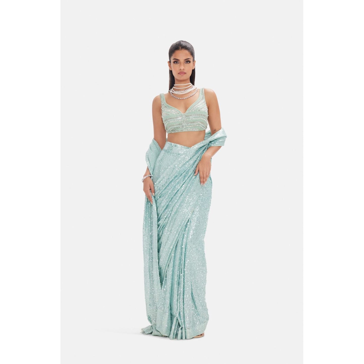 Sage Green Sequin Fusion Saree