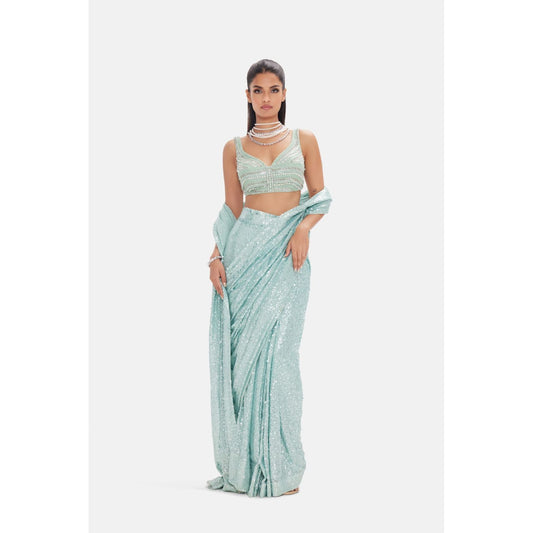Sage Green Sequin Fusion Saree